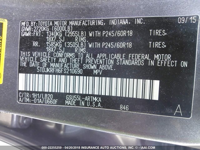 5TDJKRFH6FS210690 - 2015 TOYOTA HIGHLANDER XLE ნაცრისფერი ფოტო 9