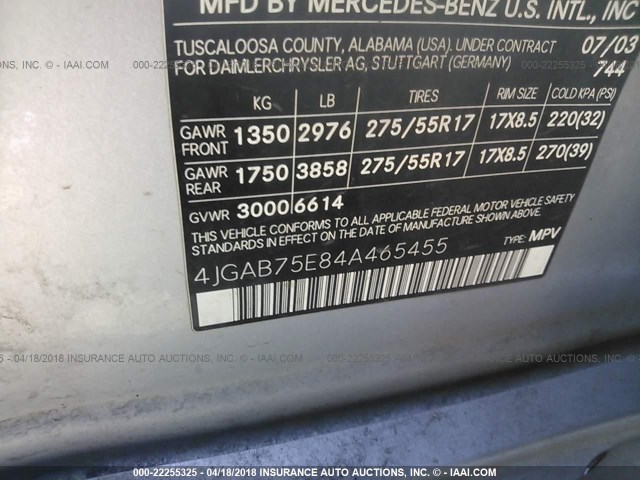 4JGAB75E84A465455 - 2004 MERCEDES-BENZ ML 500 SILVER photo 9