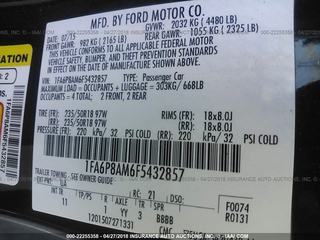 1FA6P8AM6F5432857 - 2015 FORD MUSTANG BLACK photo 9