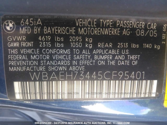 WBAEH73445CF95401 - 2005 BMW 645 CI AUTOMATIC Көк фото 9