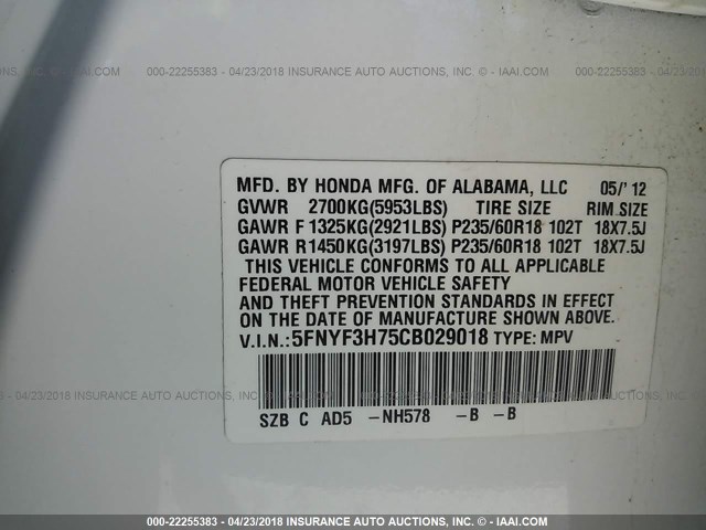 5FNYF3H75CB029018 - 2012 HONDA PILOT EXLN WHITE photo 9