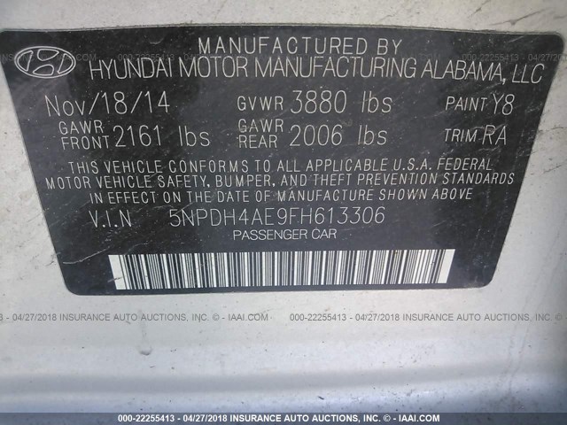 5NPDH4AE9FH613306 - 2015 HYUNDAI ELANTRA SE/SPORT/LIMITED SILVER photo 9