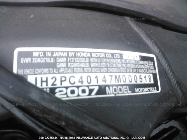 JH2PC40147M000518 - 2007 HONDA CBR600 RR WHITE photo 10