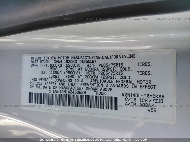 5TENL42N14Z450629 - 2004 TOYOTA TACOMA SILVER photo 9