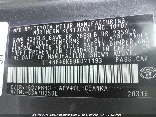 4T4BE46K88R021193 - 2008 TOYOTA CAMRY CE/LE/XLE/SE BLACK photo 9