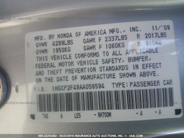 1HGCP2F49AA056594 - 2010 HONDA ACCORD LXP SILVER photo 9