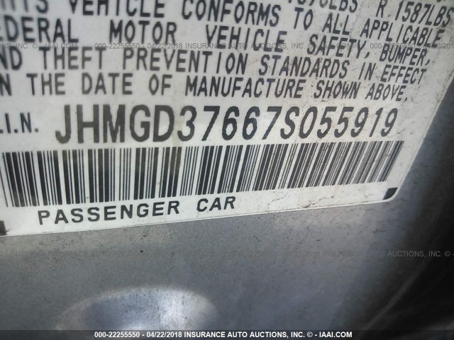 JHMGD37667S055919 - 2007 HONDA FIT S SILVER photo 9