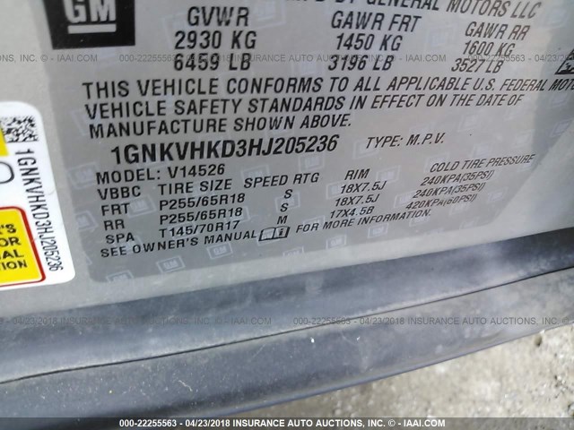 1GNKVHKD3HJ205236 - 2017 CHEVROLET TRAVERSE LT SILVER photo 9