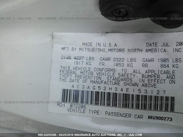 4C3AG52H34E153127 - 2004 CHRYSLER SEBRING LIMITED WHITE photo 9