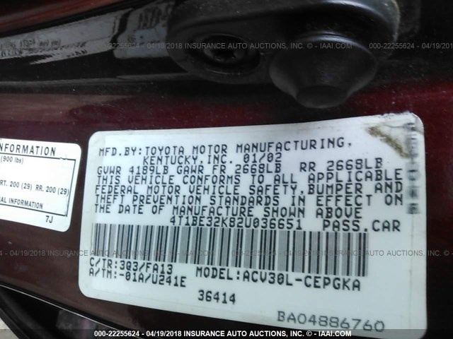 4T1BE32K82U036651 - 2002 TOYOTA CAMRY LE/XLE/SE მუქწითელი ფოტო 9