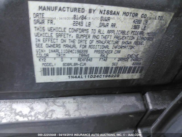 1N4AL11D24C196228 - 2004 NISSAN ALTIMA S/SL GOLD photo 9