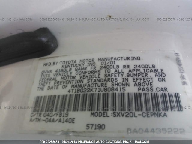 4T1BG22K71U808415 - 2001 TOYOTA CAMRY CE/LE/XLE 白色 照片 9