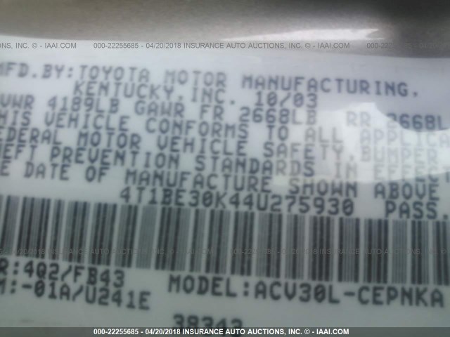 4T1BE30K44U275930 - 2004 TOYOTA CAMRY LE/XLE/SE 金色 照片 9