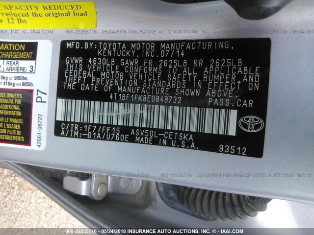 4T1BF1FK8EU849732 - 2014 TOYOTA CAMRY L/SE/LE/XLE SILVER photo 9