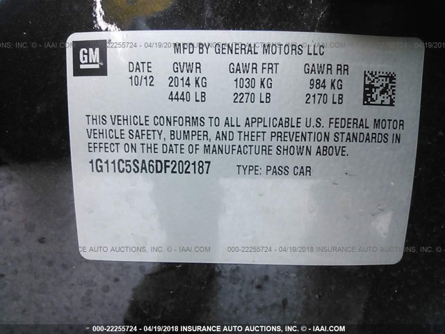 1G11C5SA6DF202187 - 2013 CHEVROLET MALIBU 1LT 黑色 照片 9