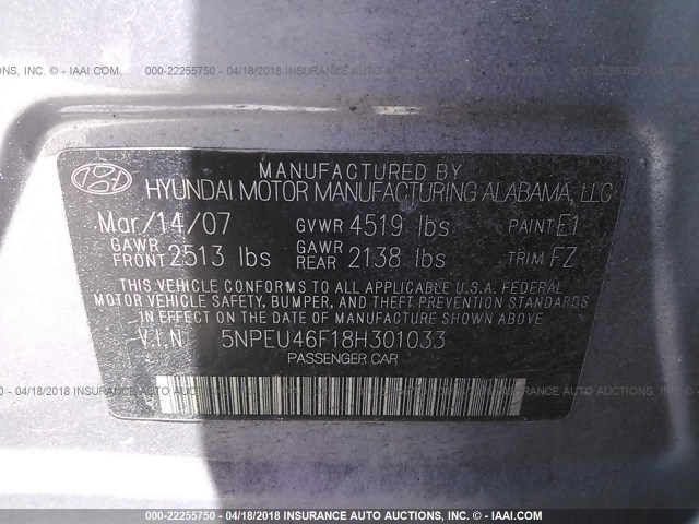 5NPEU46F18H301033 - 2008 HYUNDAI SONATA SE/LIMITED GRAY photo 9