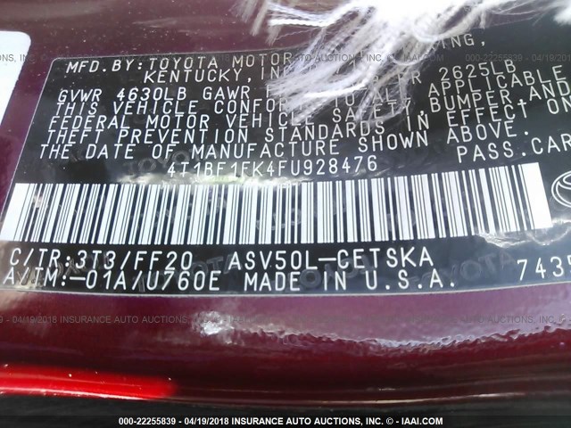 4T1BF1FK4FU928476 - 2015 TOYOTA CAMRY LE/XLE/SE/XSE RED photo 9