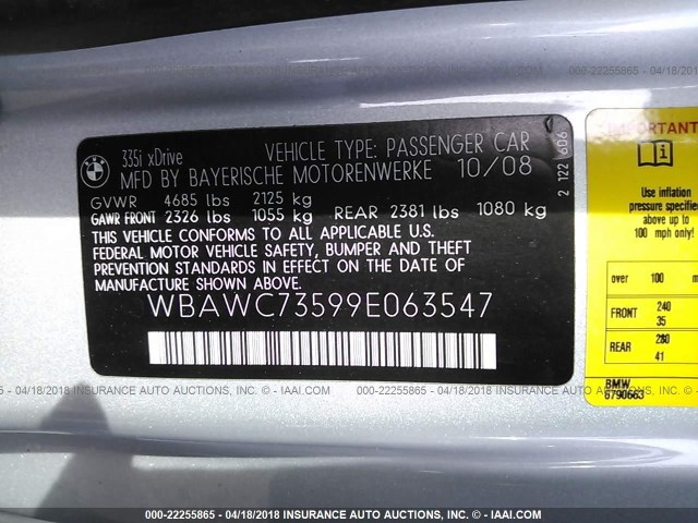 WBAWC73599E063547 - 2009 BMW 335 XI SILVER photo 9