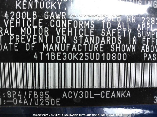 4T1BE30K25U010800 - 2005 TOYOTA CAMRY LE/XLE/SE 蓝色 照片 9