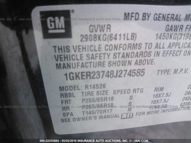 1GKER23748J274585 - 2008 GMC ACADIA SLT-1 BLACK photo 9