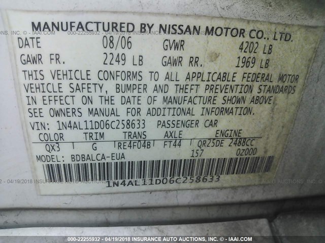 1N4AL11D06C258633 - 2006 NISSAN ALTIMA S/SL WHITE photo 9