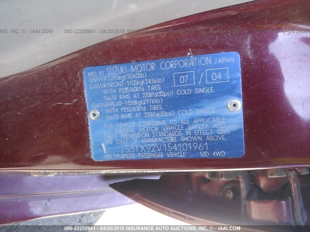 JS3TX92V154101961 - 2005 SUZUKI XL7 EX/LX RED photo 9