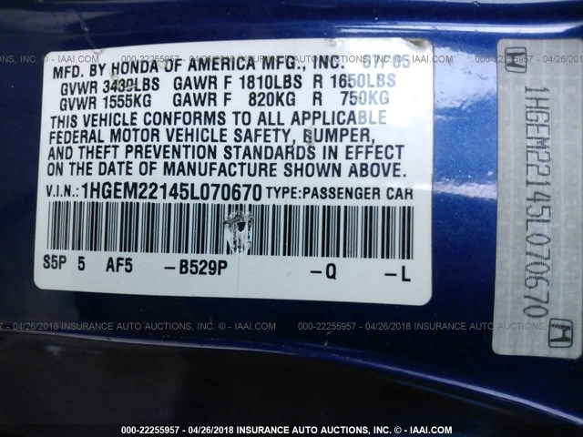 1HGEM22145L070670 - 2005 HONDA CIVIC DX VP BLUE photo 9