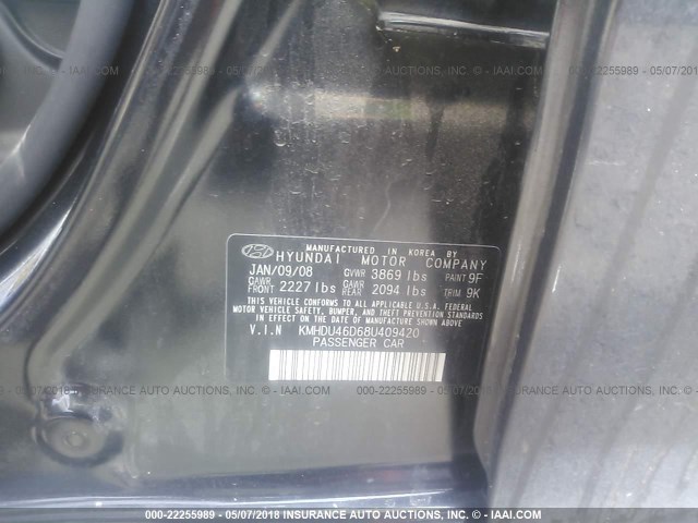 KMHDU46D68U409420 - 2008 HYUNDAI ELANTRA GLS/SE/LIMITED BLACK photo 9