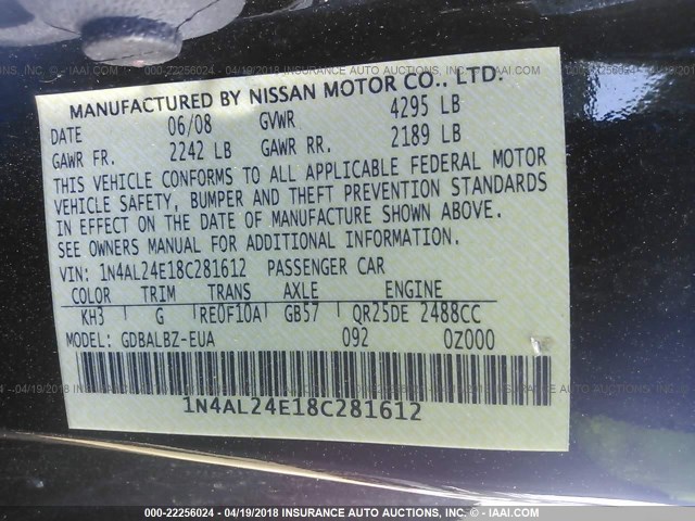 1N4AL24E18C281612 - 2008 NISSAN ALTIMA 2.5S BLACK photo 9