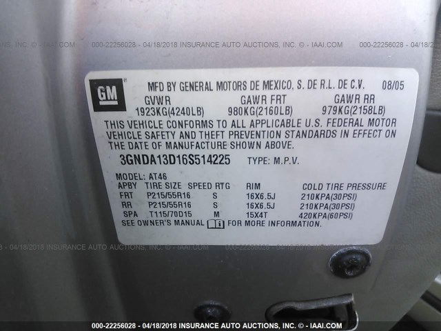 3GNDA13D16S514225 - 2006 CHEVROLET HHR LS ვერცხლისფერი ფოტო 9