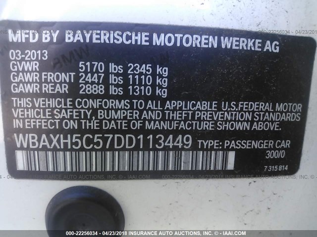 WBAXH5C57DD113449 - 2013 BMW 528 XI WHITE photo 9