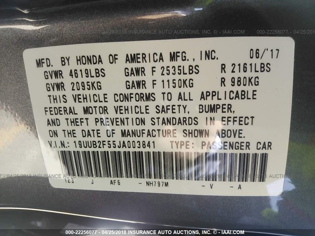 19UUB2F55JA003841 - 2018 ACURA TLX TECH GRAY photo 9