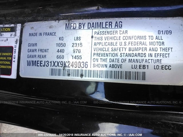 WMEEJ31XX9K249036 - 2009 SMART FORTWO PURE/PASSION BLUE photo 9