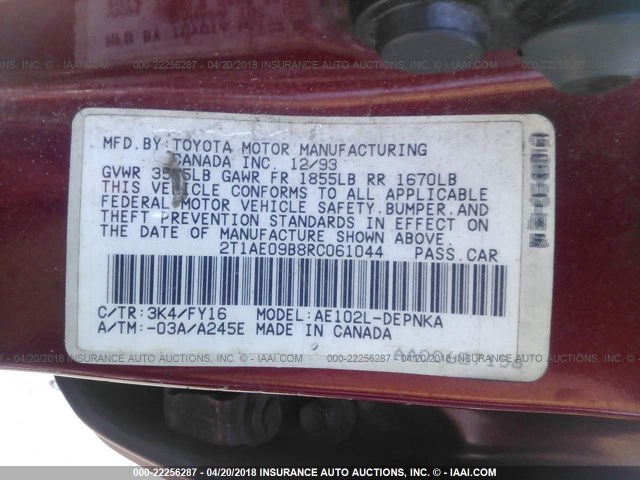 2T1AE09B8RC061044 - 1994 TOYOTA COROLLA LE/DX 红色 照片 9