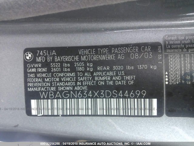 WBAGN634X3DS44699 - 2003 BMW 745 LI GRAY photo 9