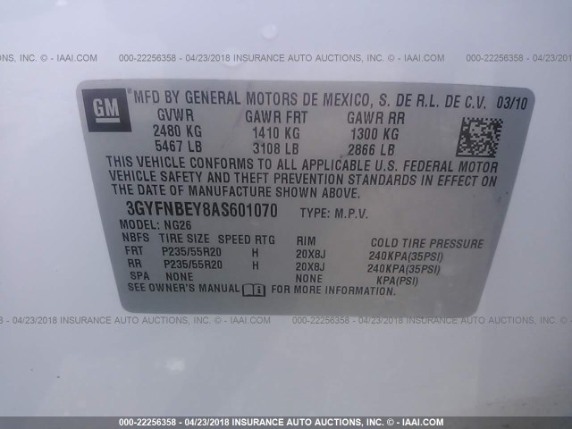 3GYFNBEY8AS601070 - 2010 CADILLAC SRX PERFORMANCE COLLECTION Ақ фото 9