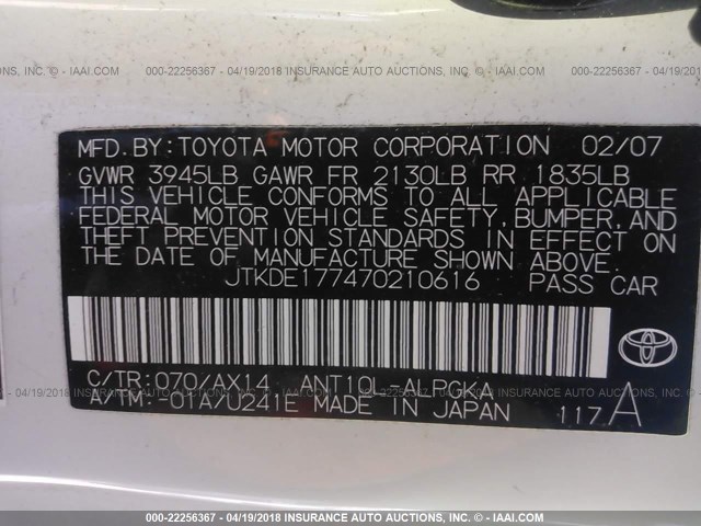 JTKDE177470210616 - 2007 TOYOTA SCION TC 白色 照片 9