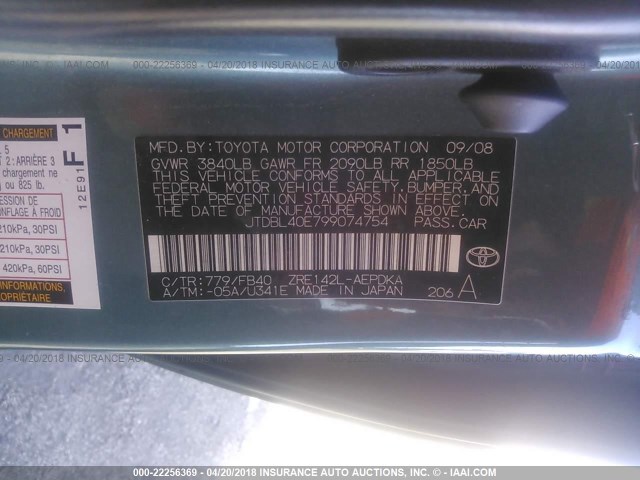 JTDBL40E799074754 - 2009 TOYOTA COROLLA LE/XLE TEAL photo 9