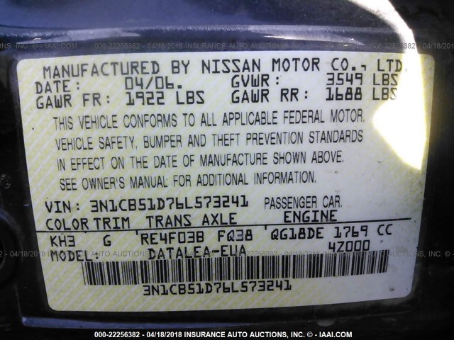 3N1CB51D76L573241 - 2006 NISSAN SENTRA 1.8/1.8S BLACK photo 9