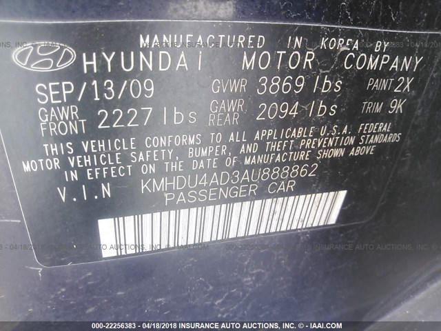 KMHDU4AD3AU888862 - 2010 HYUNDAI ELANTRA BLUE/GLS/SE BLUE photo 9