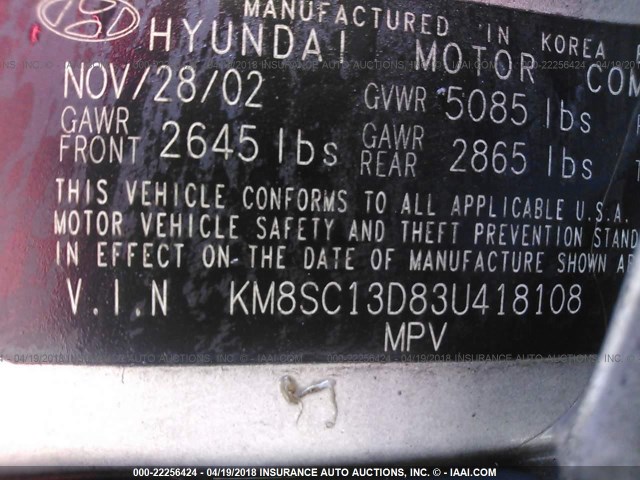 KM8SC13D83U418108 - 2003 HYUNDAI SANTA FE GLS/LX SILVER photo 9