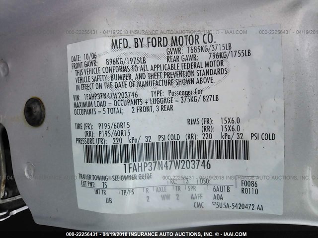 1FAHP37N47W203746 - 2007 FORD FOCUS ZX5/S/SE/SES SILVER photo 9