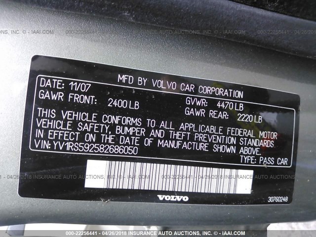 YV1RS592582686050 - 2008 VOLVO S60 2.5T GRAY photo 9
