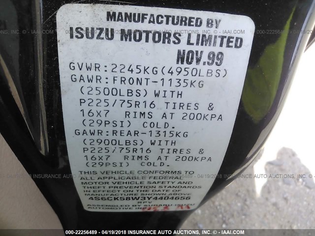 4S6CK58W3Y4404656 - 2000 HONDA PASSPORT EX/LX 黑色 照片 9