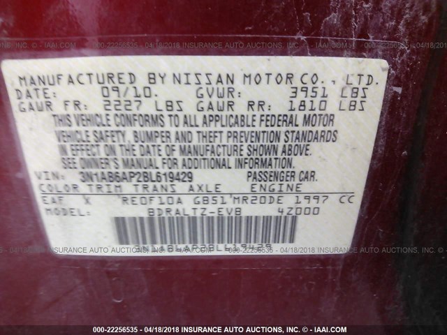 3N1AB6AP2BL619429 - 2011 NISSAN SENTRA 2.0/2.0S/SR/2.0SL RED photo 9