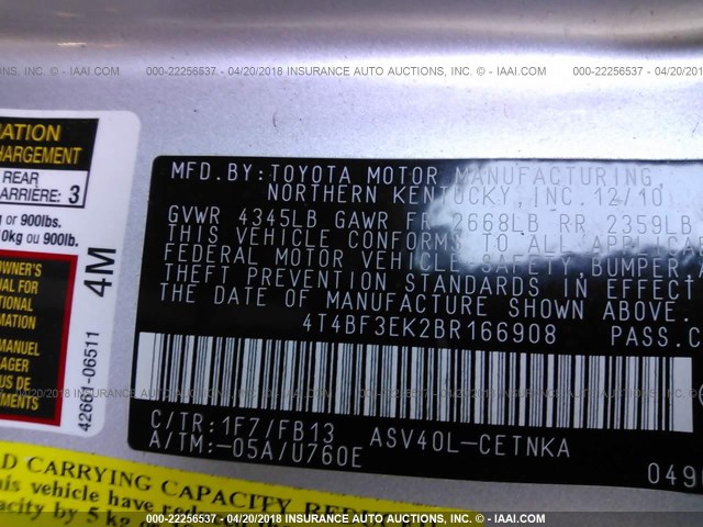 4T4BF3EK2BR166908 - 2011 TOYOTA CAMRY SE/LE/XLE SILVER photo 9