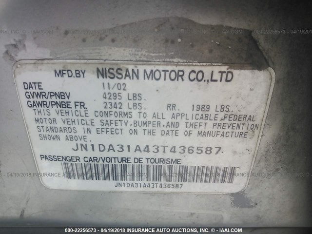 JN1DA31A43T436587 - 2003 NISSAN MAXIMA GLE/SE SILVER photo 9