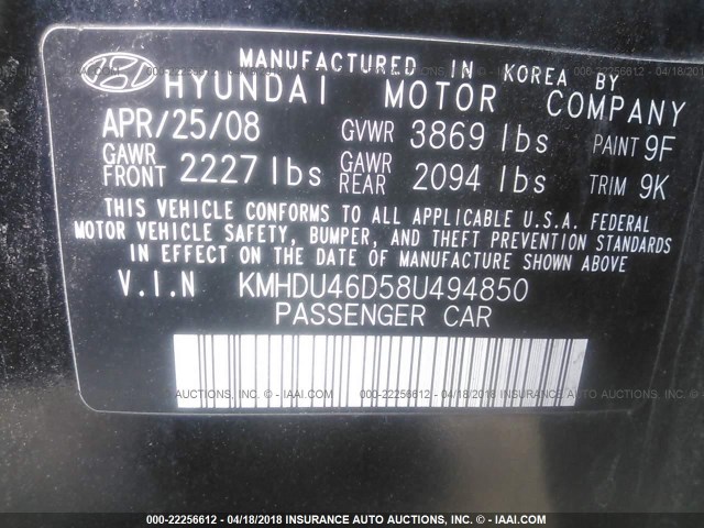 KMHDU46D58U494850 - 2008 HYUNDAI ELANTRA GLS/SE/LIMITED BLACK photo 9