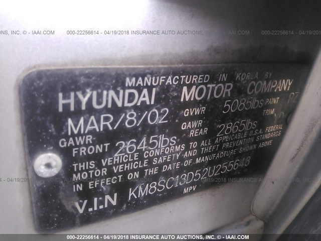 KM8SC13D52U255643 - 2002 HYUNDAI SANTA FE GLS/LX SILVER photo 9