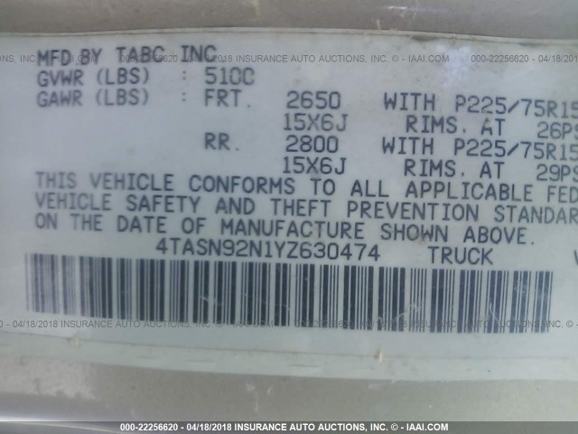 4TASN92N1YZ630474 - 2000 TOYOTA TACOMA XTRACAB PRERUNNER ოქროსფერი ფოტო 9